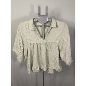 bohme Women's Top Medium Collared Frayed Hem Green Peplum Bohemian Blouse